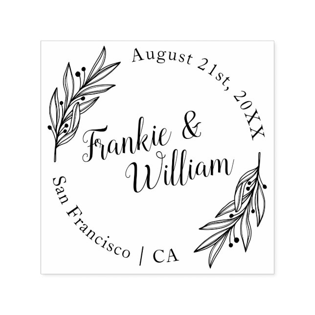 Custom Script & Elegant Leaves | Round Wedding Self-inking Stamp (Design)