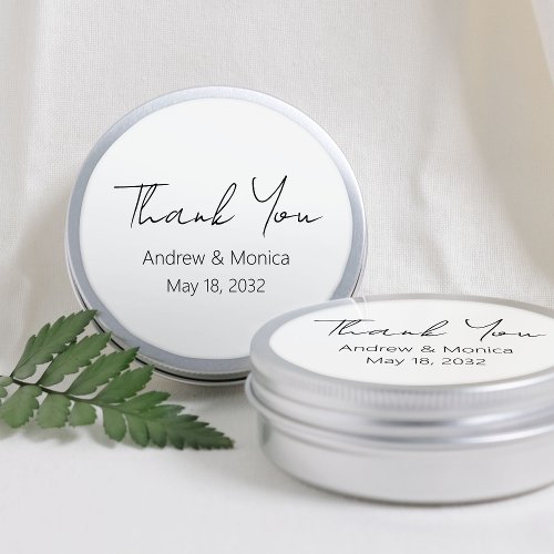 Custom Script Elegant Wedding Thank You Tin Box Classic Round Sticker