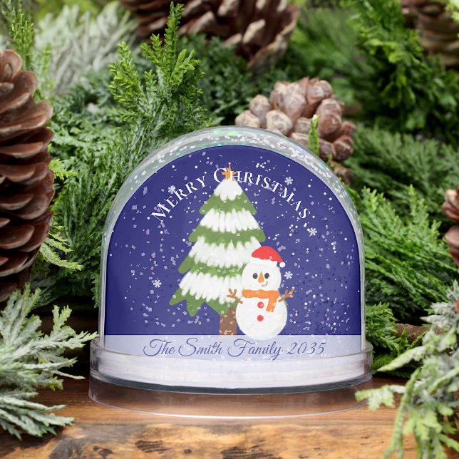 Custom Script Family Name Cute Snowman Christmas  Snow Globe (Custom Family Name Cute Snowman Christmas Snow Globe, made to send warm wishes to your loved ones! )
