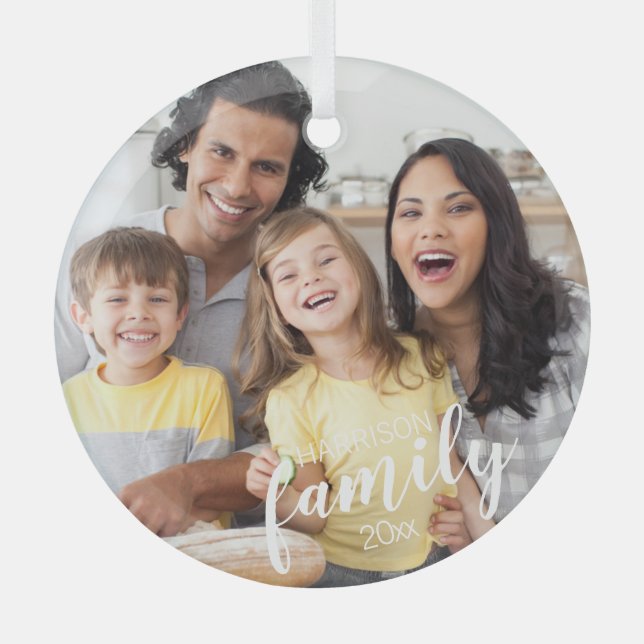 Custom Script FAMILY Photo Personalized Keepsake Glass Ornament (Front)