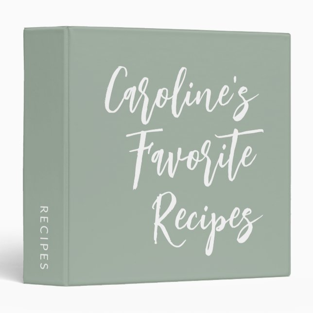 Custom Script Lettering Modern Recipe Dusty Sage 3 Ring Binder (Front/Spine)