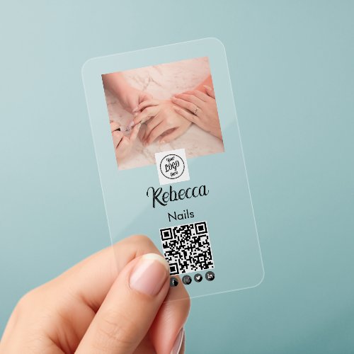 Custom Script Logo QR Code Photo Nail Manicure Clear Business Cards