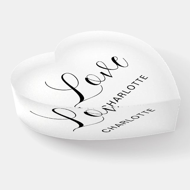 Custom Script Love Symbol Heart Shaped Paperweight (Angled)