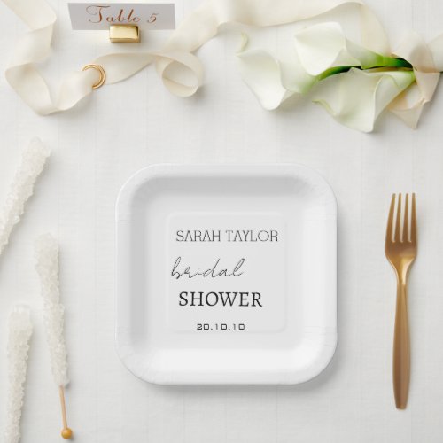 Custom Script Minimalist White Bridal Shower Party Paper Plates