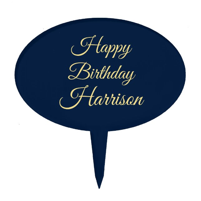 Custom script name gold navy blue Happy Birthday Cake Topper (Front)