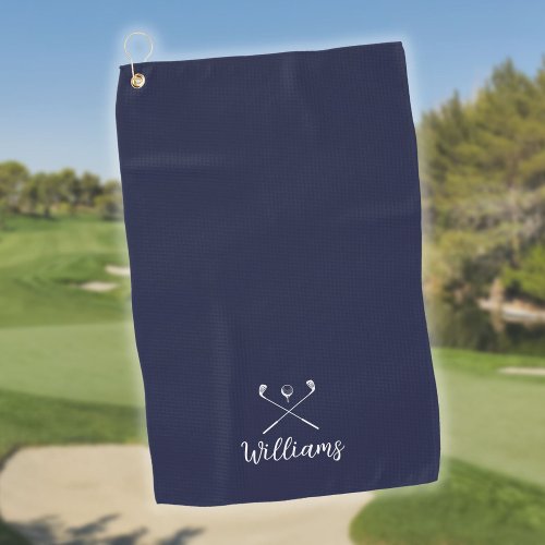 Custom Script Name Golf Clubs Navy Blue Golf Towel