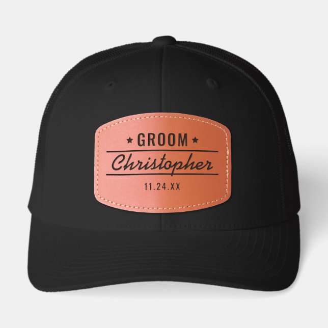 Custom Script Name Groom Leather Patch Hat (Front)