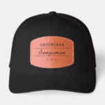 Custom Script Name Groomsman Leather Patch Hat<br><div class="desc">Celebrate your crew with this custom groomsman hat, featuring a premium leather patch that adds a rustic edge to any wedding party ensemble. The vintage-inspired design showcases the "GROOMSMAN" title at the top, along with the personalized best man’s name in a stylish script in the center and the date at...</div>