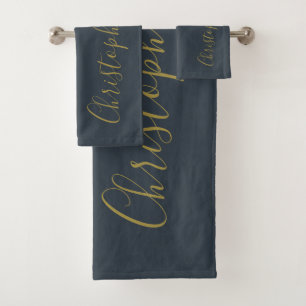 Custom Script Name Navy Blue Gold Minimalist Men  Bath Towel Set