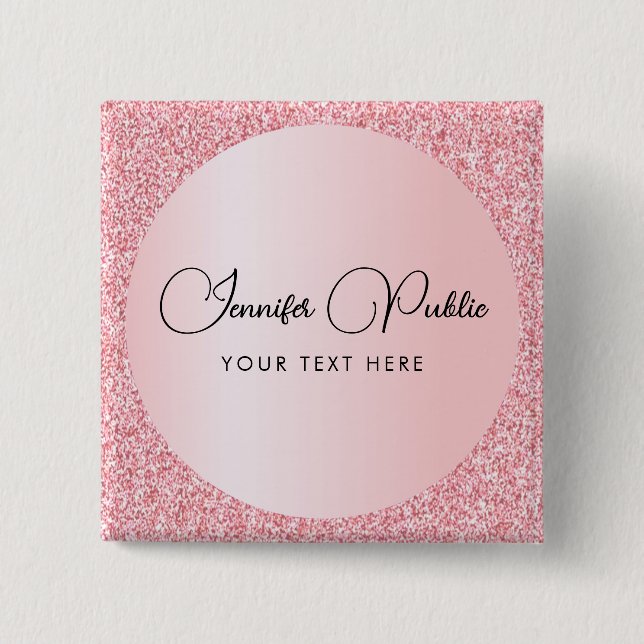 Custom Script Name Rose Gold Glitter Look Square Button (Front)