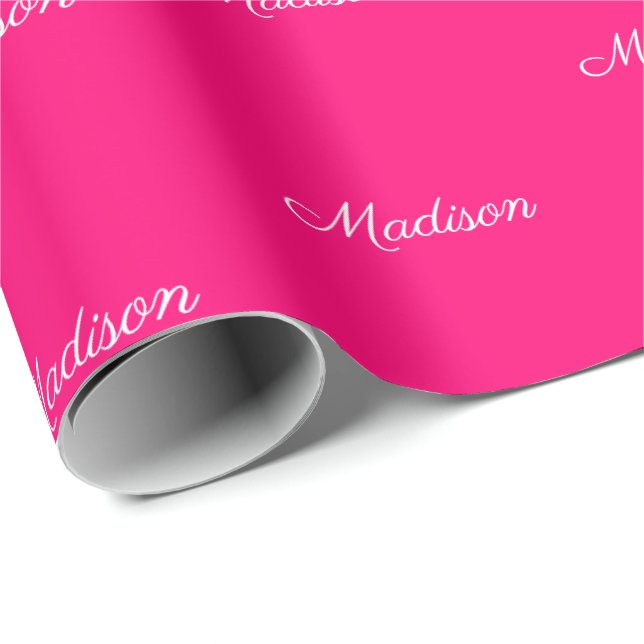 Custom script Name Text hot pink white chic Wrapping Paper (Roll Corner)
