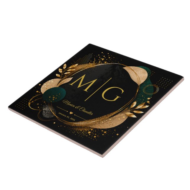 Custom Script on Luxury Black Gold Abstract Frame Ceramic Tile (Side)