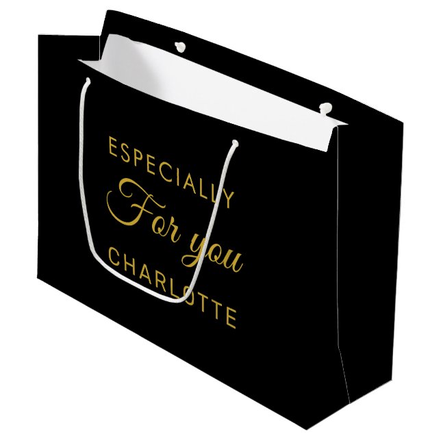 Custom Script Personal Text Modern Black Large Gift Bag (Front Angled)