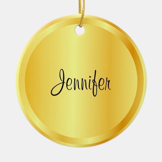 Custom Script Template Faux Gold Metallic Look Ceramic Ornament (Front)