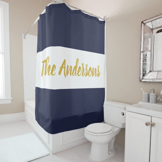 Custom Script Template on Dark Blue & White Shower Curtain (In Situ)