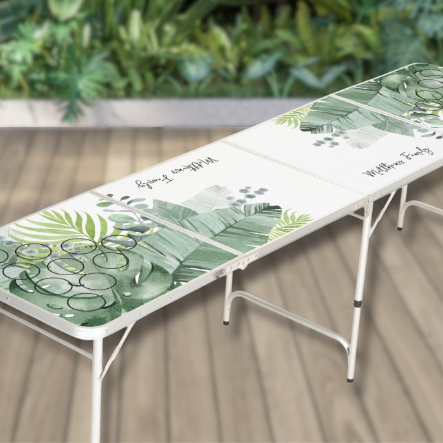 Custom Script Tropical Elegant Beer Pong Table (Family Name Tropical Palm Leaves Greenery Elegant Beer Pong Table)