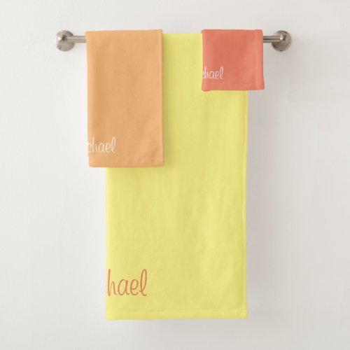 Custom Script Typography Name Yellow Orange Salmon Bath Towel Set