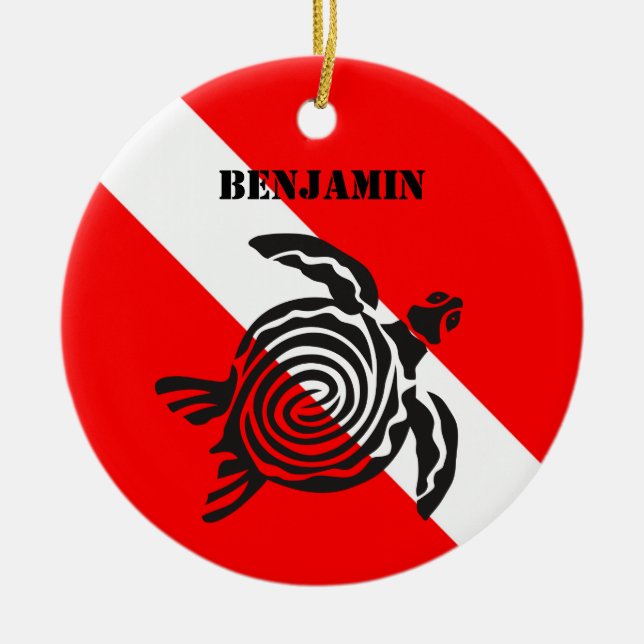 Custom Scuba Diving Flag and Sea Turtle Ceramic Ornament (Front)