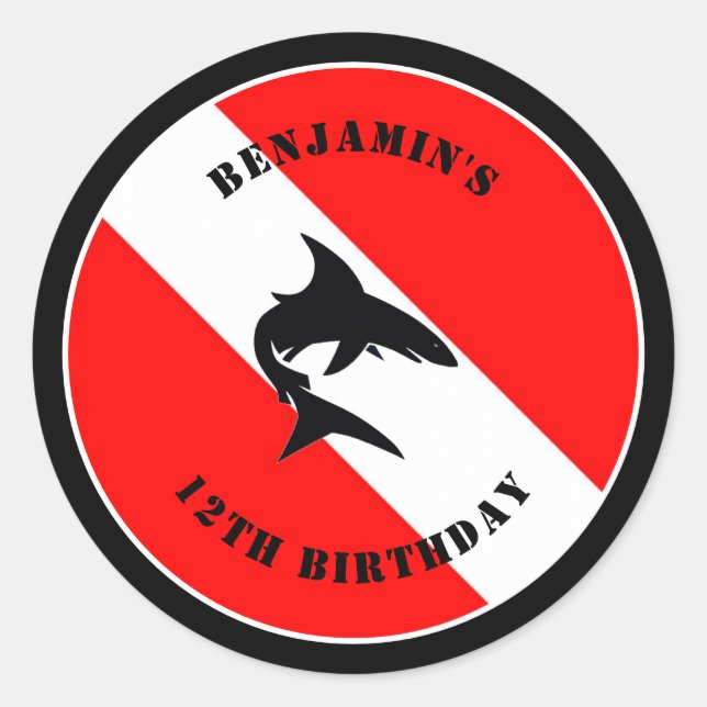 Custom Scuba Diving Flag and Shark Classic Round Sticker (Front)