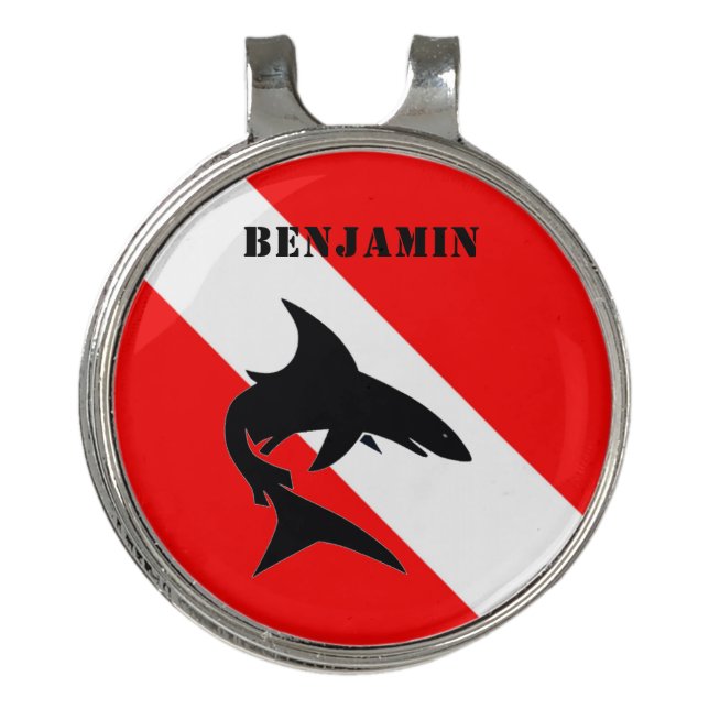 Custom Scuba Diving Flag and Shark Golf Hat Clip (Front)