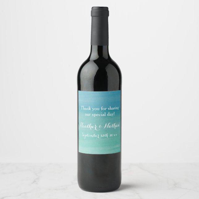 Custom sea green beach wedding wine & spring water label (Front)