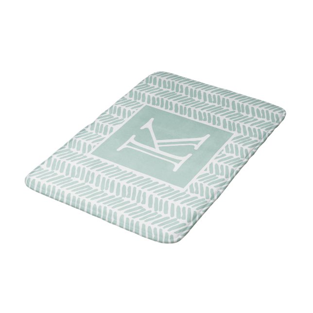 Custom Seaglass Mint Green White Zigzag Stripes Bath Mat (Angled)