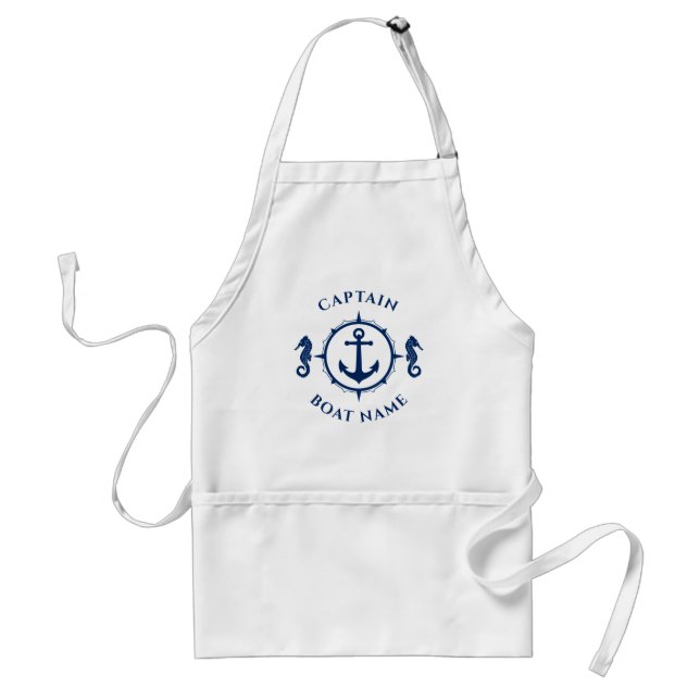 Custom Seahorse Nautical Anchor Navy Blue & White Adult Apron (Front)