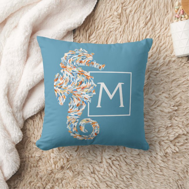 Custom Seahorse On Aqua Teal Blue Orange Waves Throw Pillow (Blanket)