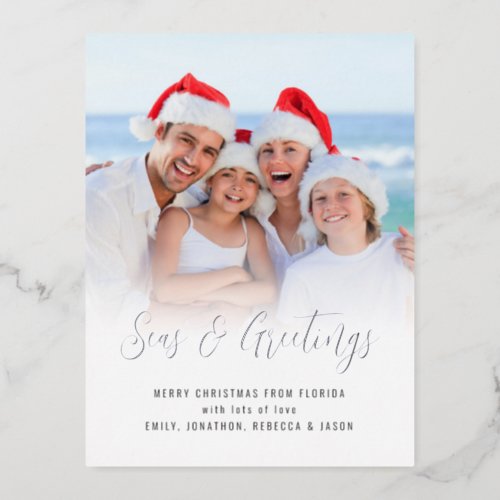 Custom Seas and Greetings Photo Christmas Glam Foil Holiday Postcard