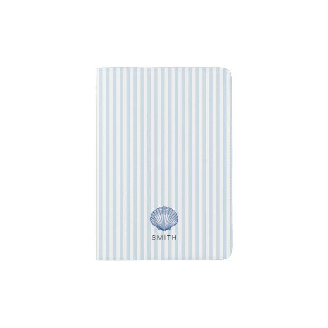 Custom Seashell Blue Stripe Coastal  Passport Holder (Front)