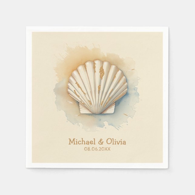 Custom Seashell Nautical Beach Wedding Gold        Napkins (Front)