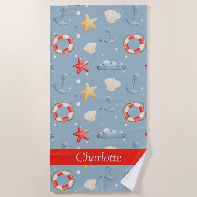 Custom Seashell Starfish Anchor Lifesaver Blue   Beach Towel (Front)