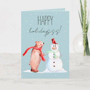 Custom Seasonal Bear, Red Cardinal and Snowman Card