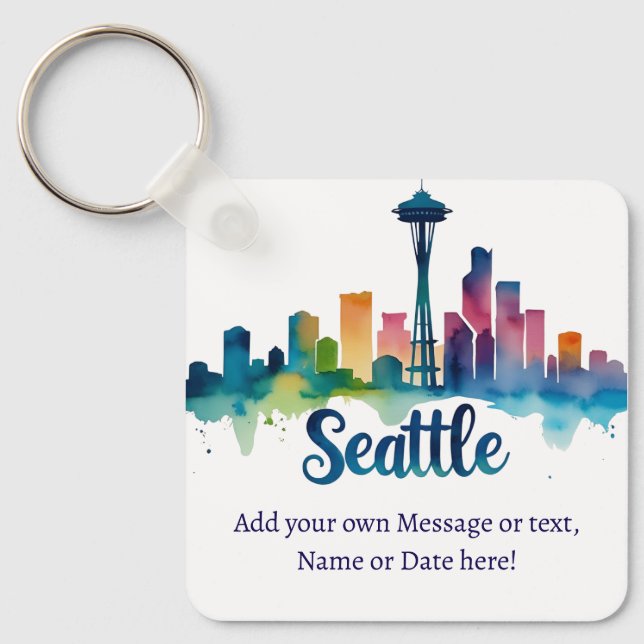 Custom Seattle City watercolor Skyline Keychain (Front)