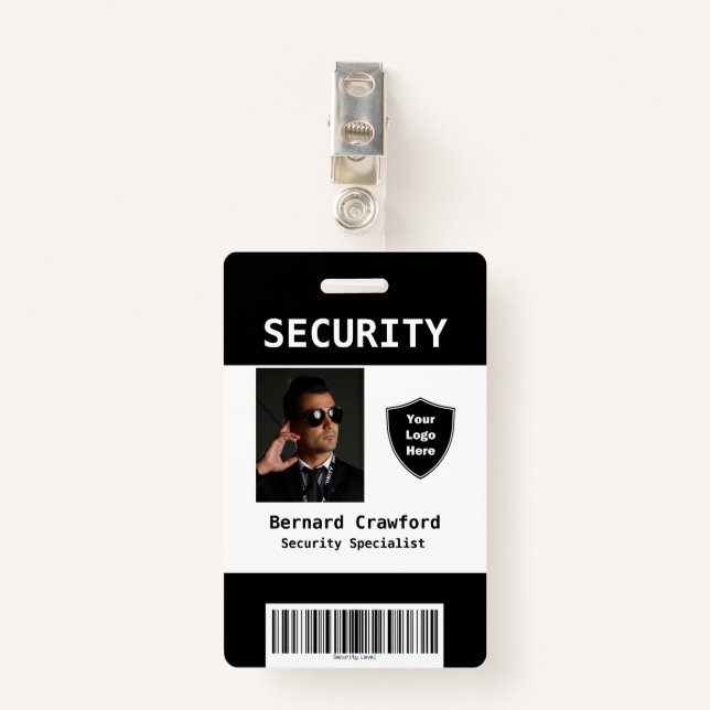 Custom Security Personnel ID Badge Black | White (Front with Clip)