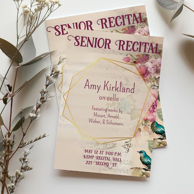 Custom Senior Music Recital Floral Bird Theme Invitation (Floral sheet music themed customizable recital invitation.)