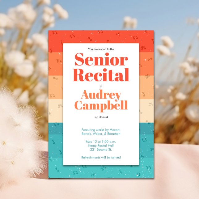 Custom Senior Recital Retro Modern Music Themed Invitation (Colorful retro senior music recital invitation template.)