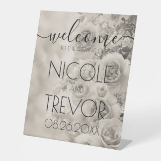 Custom Sepia Vintage Flowers Welcome Wedding Pedestal Sign