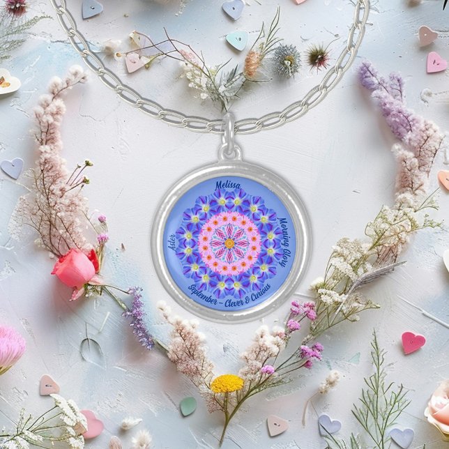 Custom September Birth Month Flower Blue Zen Silver Plated Necklace (September birth flower necklace with customization)