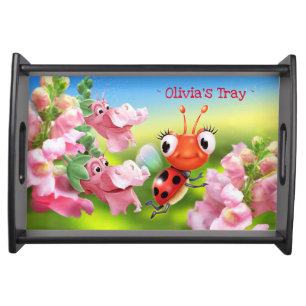 Custom serving tray ladybug and flower garden