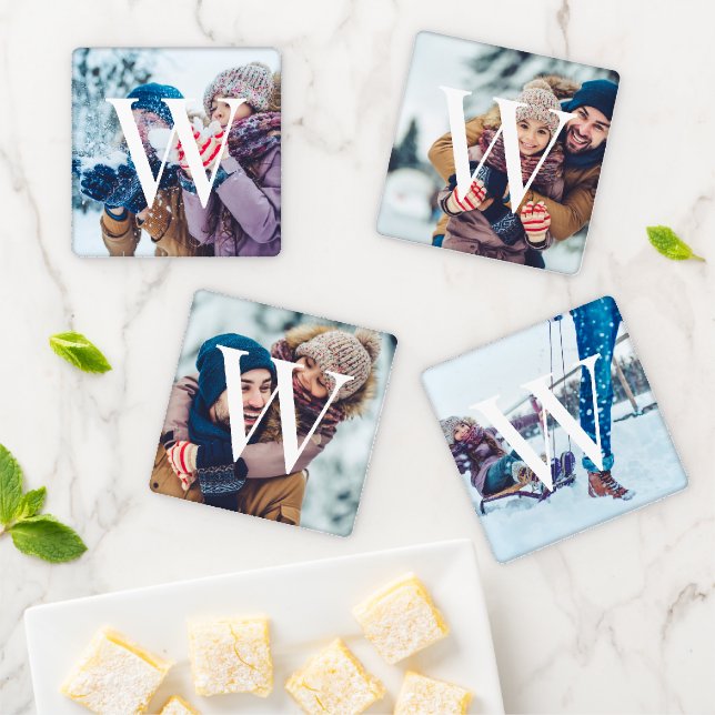 Custom Set of 4 Family Photos Monogram Overlay Coaster Set (In Situ)