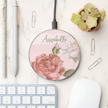 Custom Shabby Chic Blush Pink Roses Floral Pattern Wireless Charger by CaseConceptCreations at Zazzle