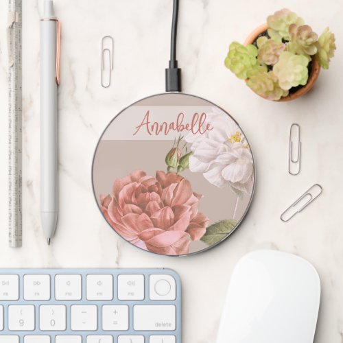 Custom Shabby Chic Blush Pink Roses Floral Pattern Wireless Charger