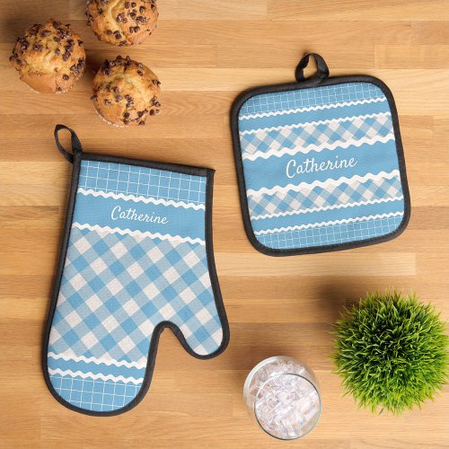 Custom Shabby Chic Light Blue White Gingham Plaid Oven Mitt  Pot Holder Set