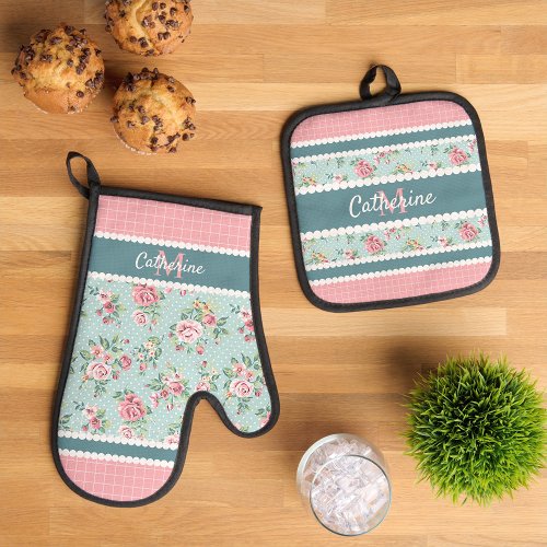 Custom Shabby Chic Pink Roses On White Polka Dots  Oven Mitt  Pot Holder Set