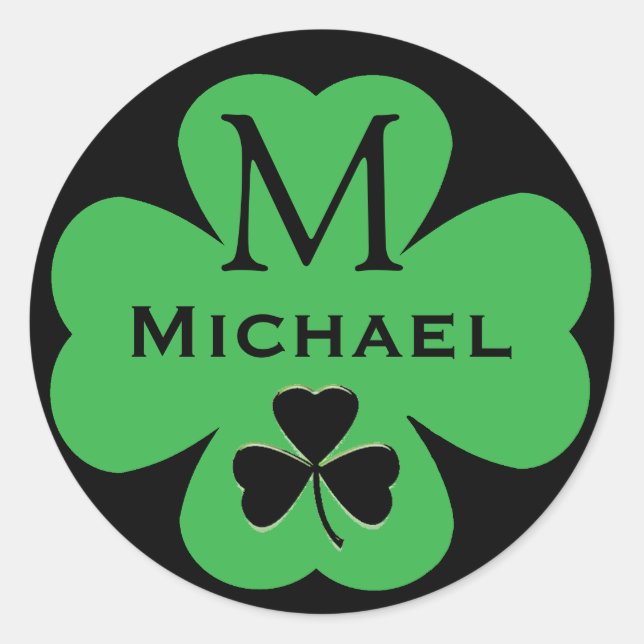 Custom Shamrock with Monogram and Name Classic Round Sticker (Front)