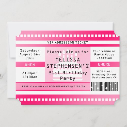 Custom Shape Pink Birthday Party Admission Ticket Invitation