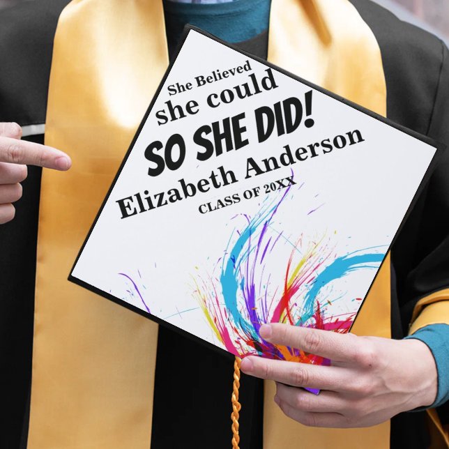 Custom She Believed She Could Pink Glitter Grad Graduation Cap Topper (Creator Uploaded)