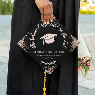 Custom She Believed She Could Rose Gold Glitter Graduation Cap Topper
