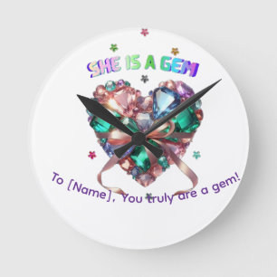 Custom She Is A Gem Heart Gemstone Gift Round Clock